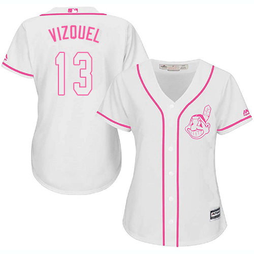 Indians #13 Omar Vizquel White/Pink Fashion Women's Stitched MLB Jersey - Click Image to Close